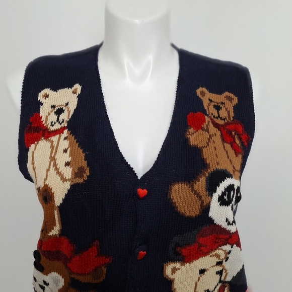 Eagle’s Eye Collectibles 3-D Vintage Grandmacore Teddy Bear V-Neck Knit Vest L - Picture 2 of 12